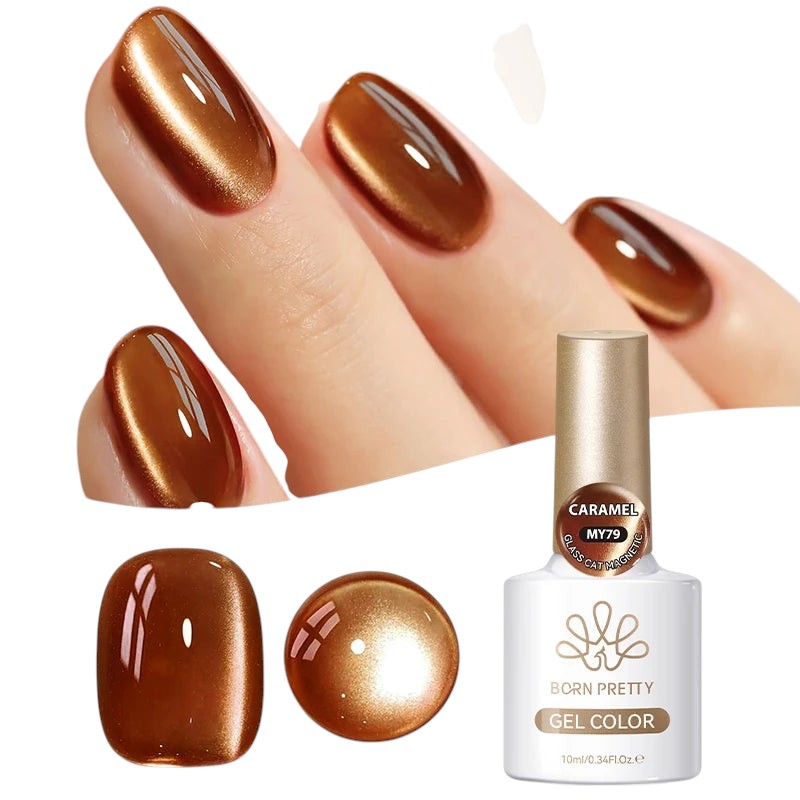 COMFORTHere Born Pretty gel nail polish in Caramel, featuring a cat-eye magnetic effect and metallic shimmer.