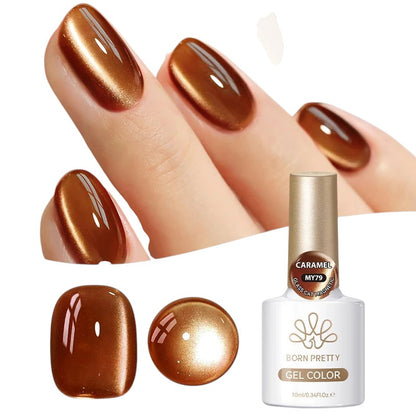 COMFORTHere Born Pretty gel nail polish in Caramel, featuring a cat-eye magnetic effect and metallic shimmer.