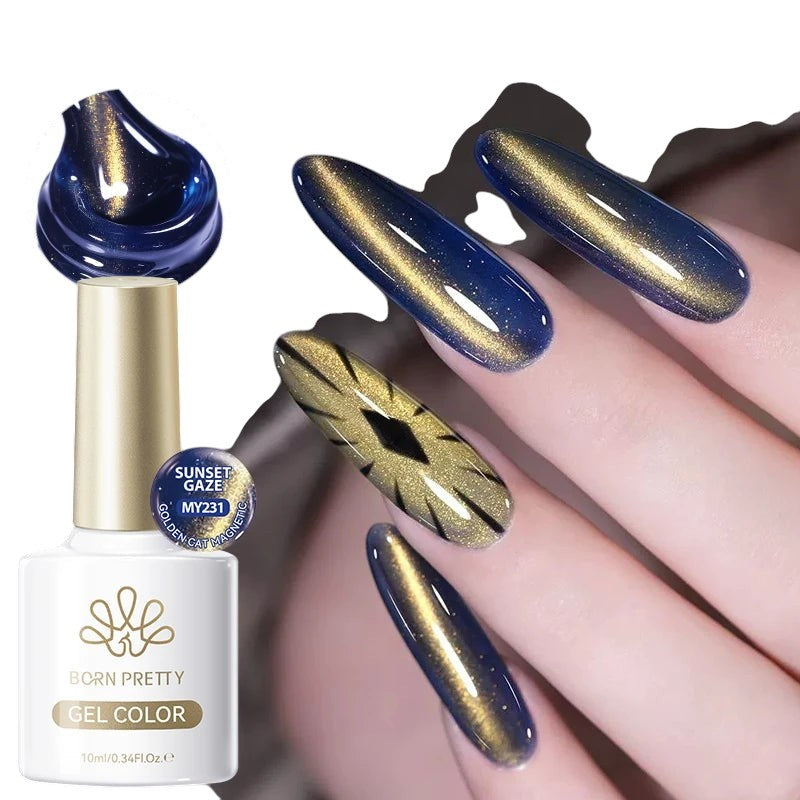 COMFORTHere Born Pretty gel nail polish in deep blue with a golden cat-eye effect. Features a mesmerizing shimmer and opaque coverage.