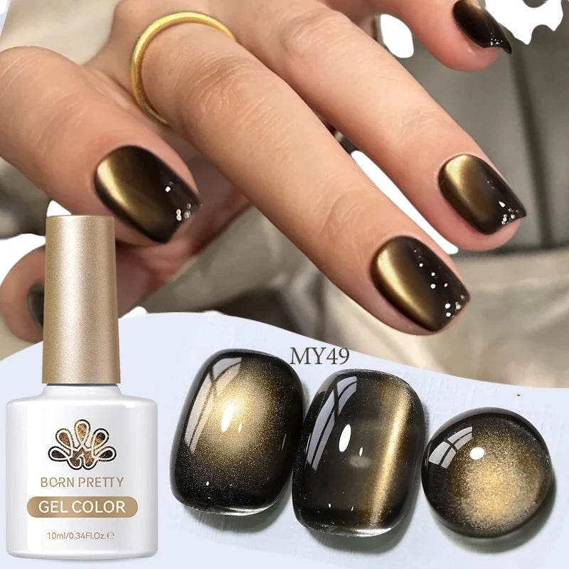 COMFORTHere Born Pretty gel nail polish in dark brown with gold cat-eye effect. Features a shimmering, multi-dimensional finish.