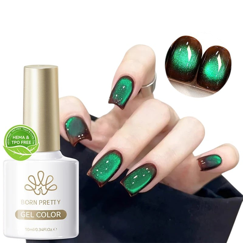 COMFORTHere Born Pretty gel nail polish in a dark brown and emerald green cat-eye effect. The polish has a shimmering, multi-dimensional finish.