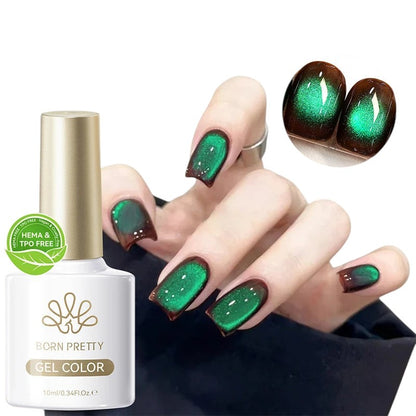 COMFORTHere Born Pretty gel nail polish in a dark brown and emerald green cat-eye effect. The polish has a shimmering, multi-dimensional finish.
