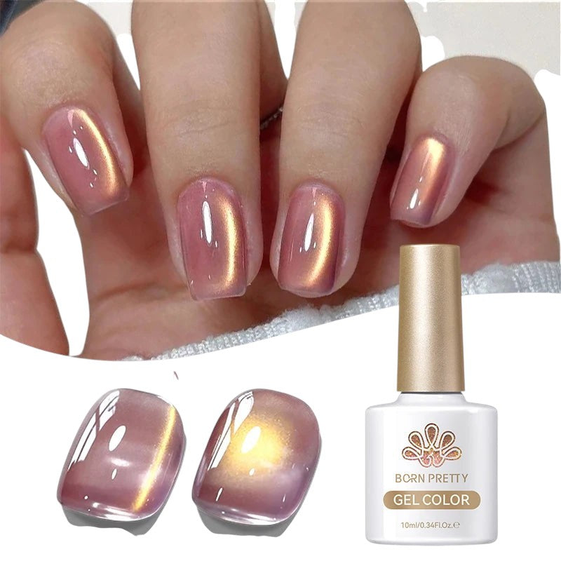 COMFORTHere Born Pretty gel nail polish in rose gold with cat-eye effect. Highly pigmented, long-lasting formula.