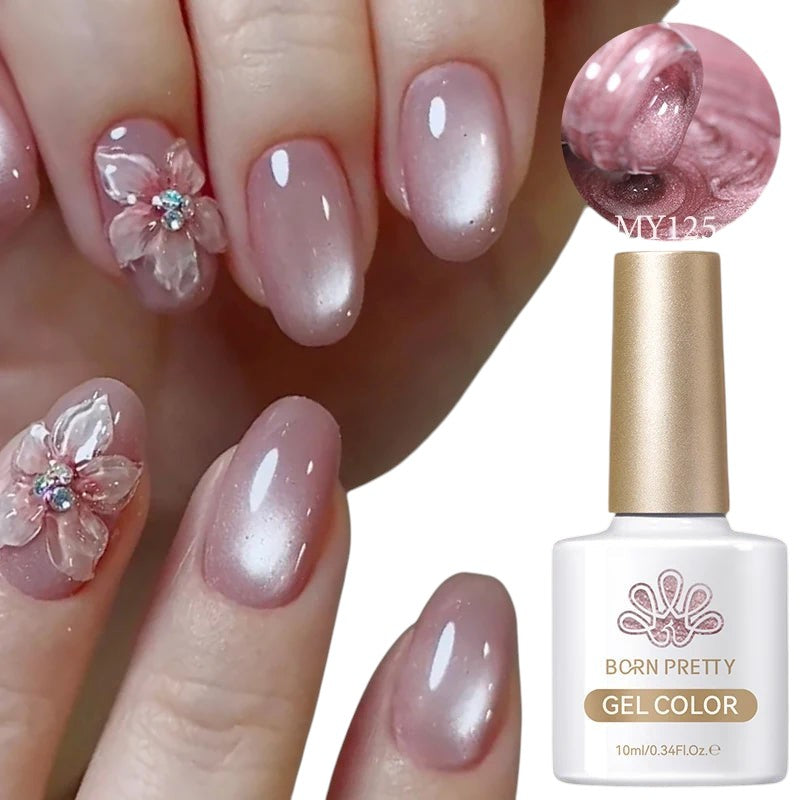 COMFORTHere Born Pretty gel nail polish in a shimmery rose gold cat-eye effect, with floral nail art accents.