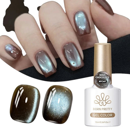 COMFORTHere Born Pretty gel nail polish in Mint Chocolate MY247, featuring a cat-eye effect with a shimmering blue-green shift over a brown base.