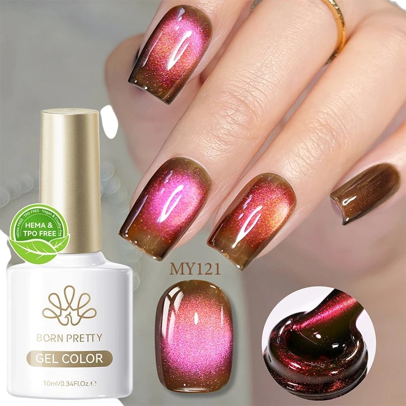COMFORTHere Born Pretty gel nail polish in MY121, a brown with a magnetic pink cat-eye effect. Long-lasting, chip-resistant formula.