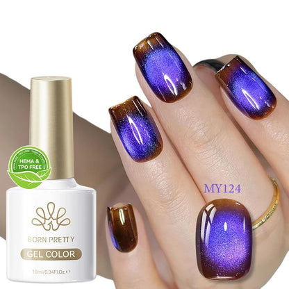 COMFORTHere Born Pretty gel nail polish in MY124, a cat-eye effect with purple and brown shimmer.