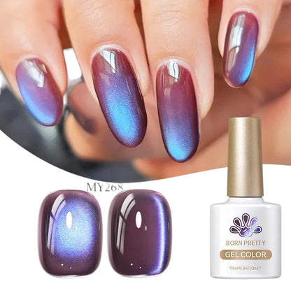 COMFORTHere Born Pretty gel nail polish in purple and blue cat-eye effect. Highly pigmented, long-lasting formula.