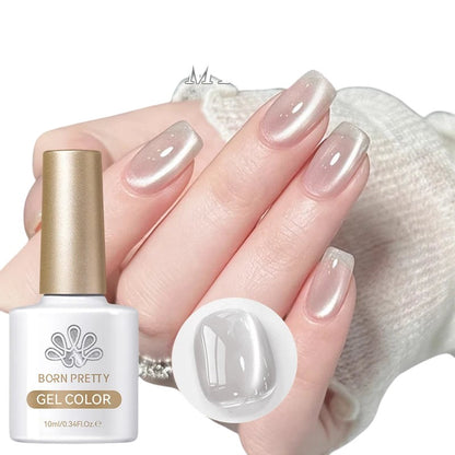 COMFORTHere Born Pretty Gel Nail Polish Collection, sheer pearlescent white with cat-eye effect. Bottle and swatch shown.