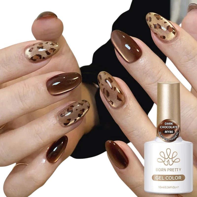 COMFORTHere Born Pretty gel nail polish collection in dark chocolate brown with leopard print effect. Long-lasting, chip-resistant.