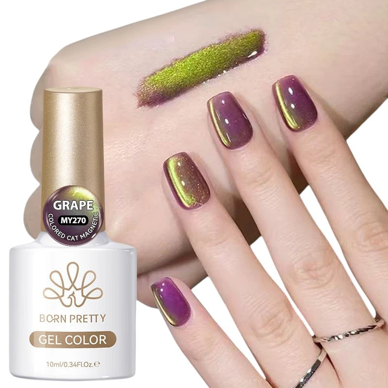 COMFORTHere Born Pretty gel nail polish in Grape MY270, featuring a magnetic cat-eye effect with purple and green shimmer.