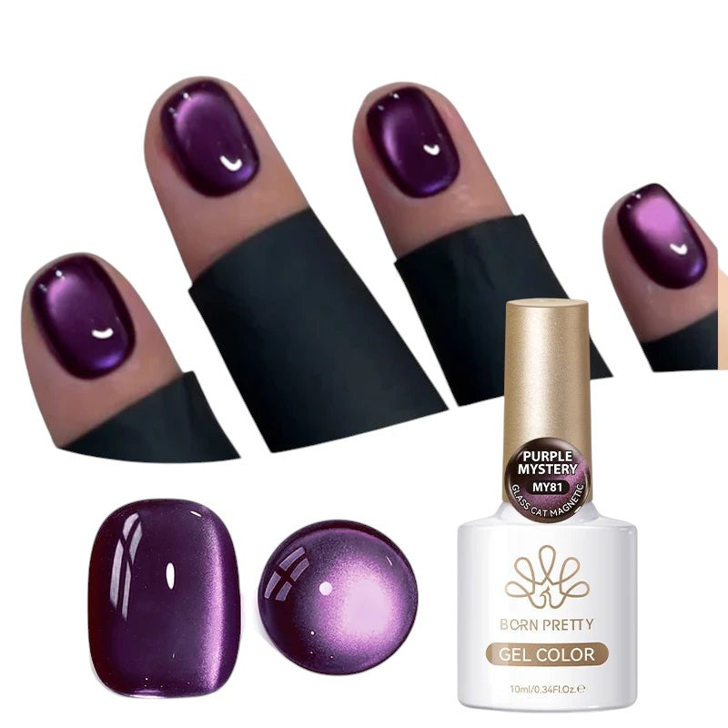 COMFORTHere Born Pretty gel nail polish in Purple Mystery, featuring a magnetic cat-eye effect. Applied to nails, showing a deep purple shimmer.