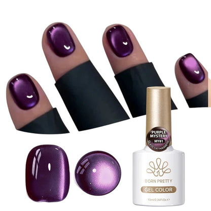 COMFORTHere Born Pretty gel nail polish in Purple Mystery, featuring a magnetic cat-eye effect. Applied to nails, showing a deep purple shimmer.