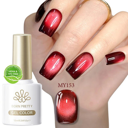 COMFORTHere Born Pretty gel nail polish in deep red with a cat-eye effect. Bottle shown with gold cap.