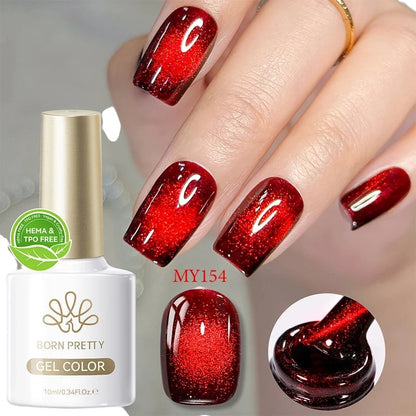 COMFORTHere Born Pretty gel nail polish in deep red with a mesmerizing cat-eye effect. Highly pigmented, long-lasting formula.
