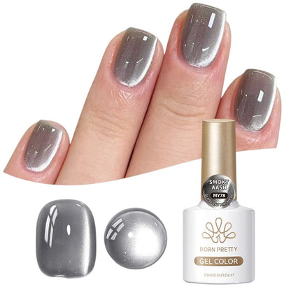 COMFORTHere Born Pretty gel nail polish in Smoky Ash, a grey cat-eye effect with magnetic shimmer. Bottle shown.