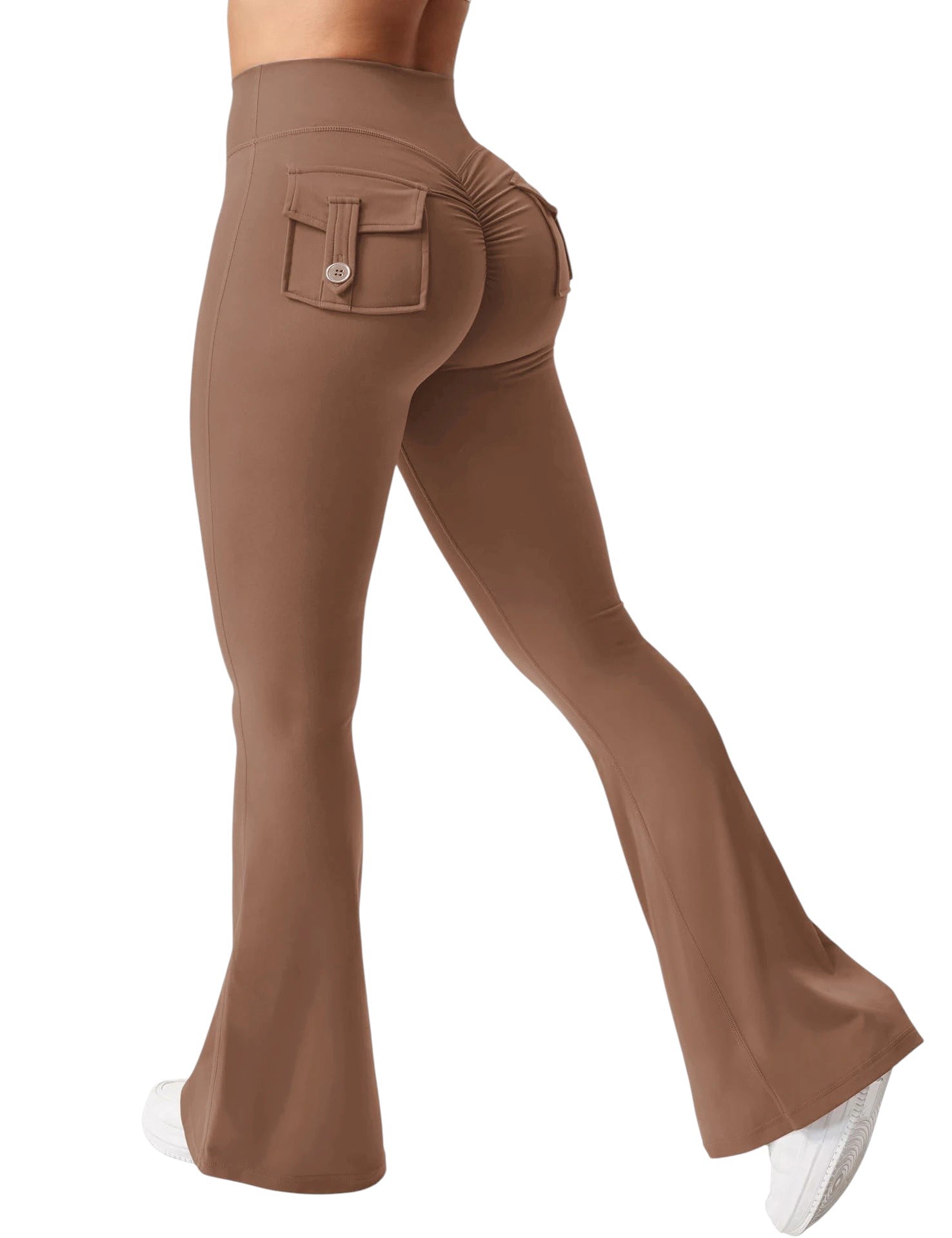 COMFORTHere high-waisted flare yoga pants in brown feature ruched detailing and decorative buttoned pockets.