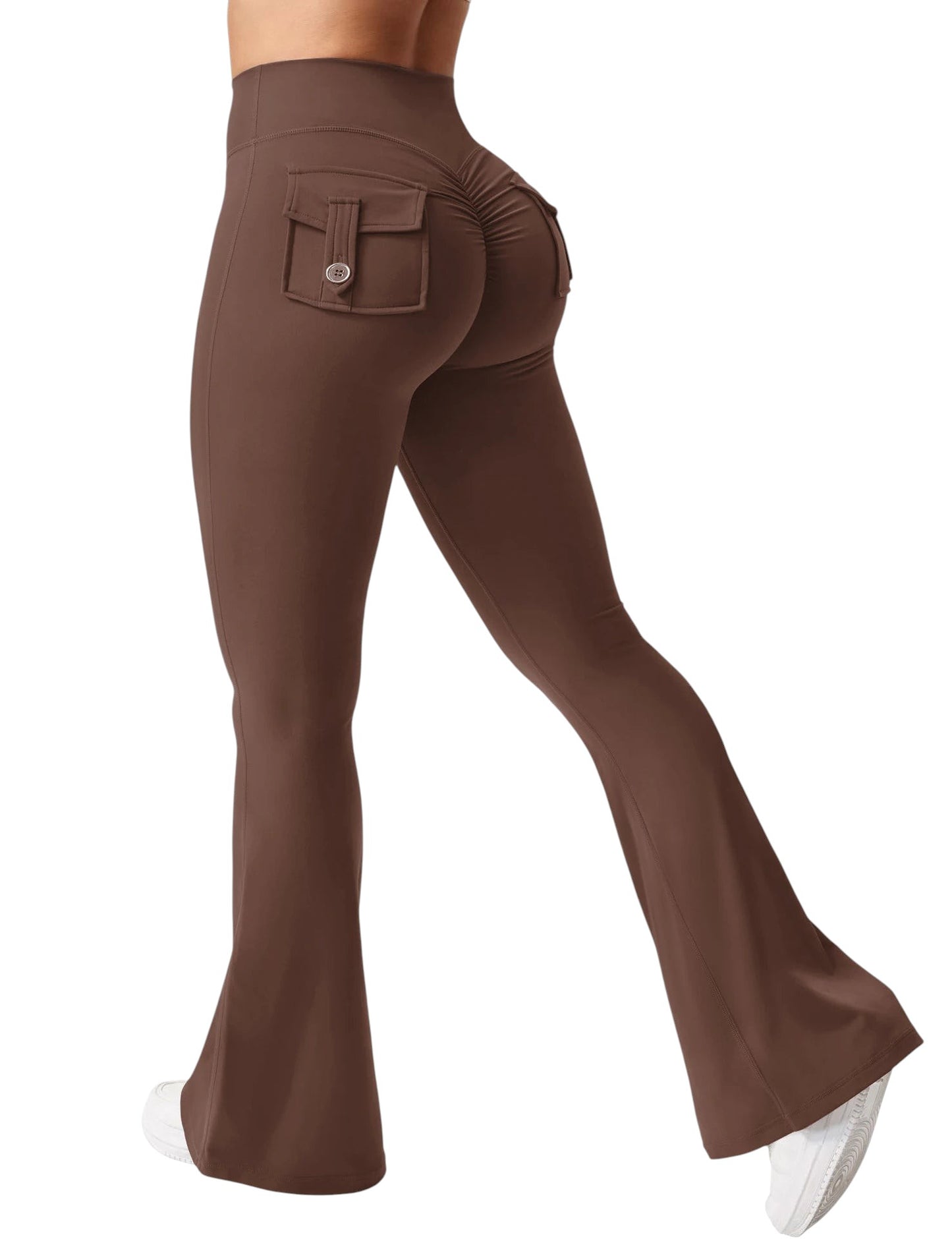 COMFORTHere brown high-waisted flare yoga pants with ruched back pockets and button detail.