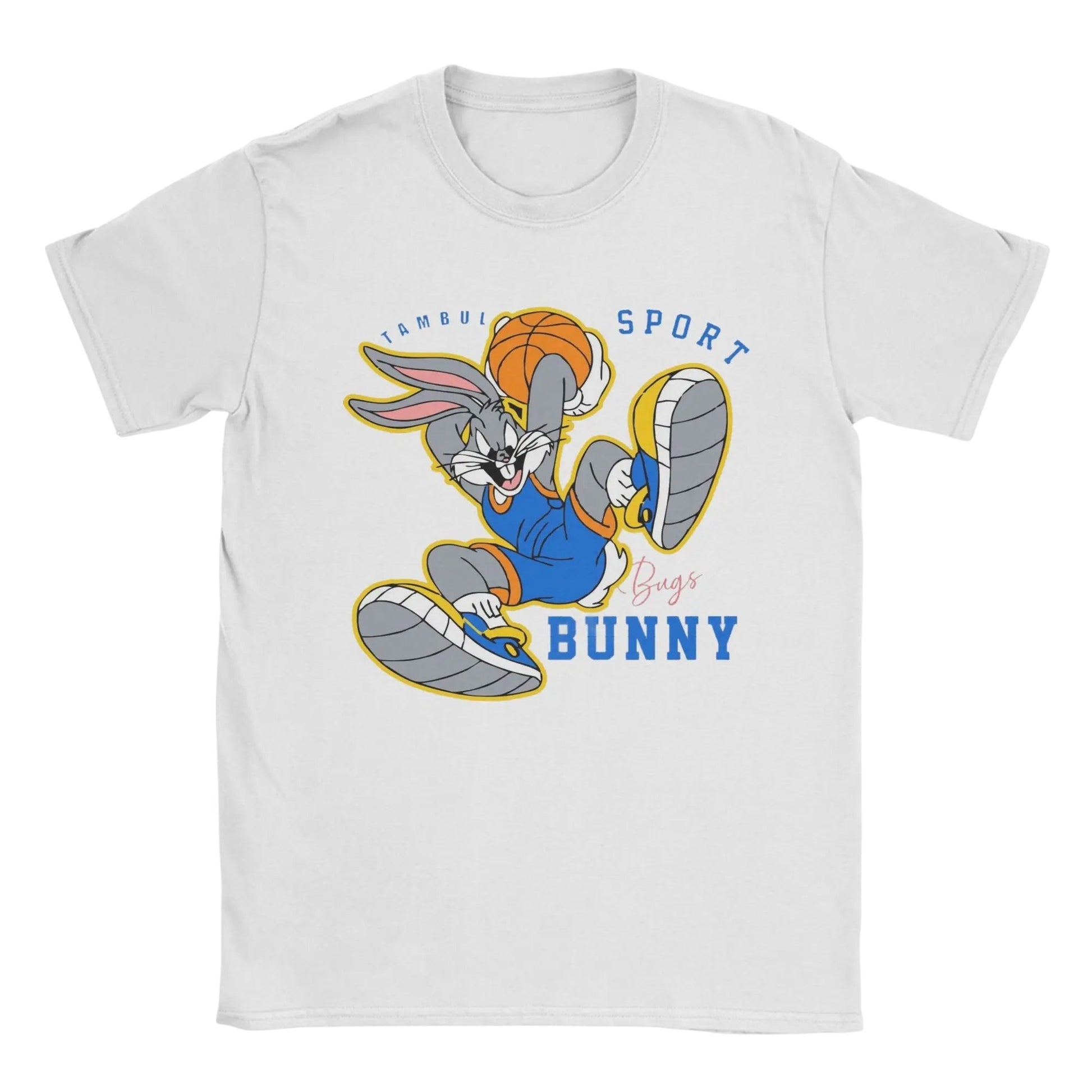 COMFORTHere white cotton t-shirt with Bugs Bunny playing basketball. Features blue and orange accents.