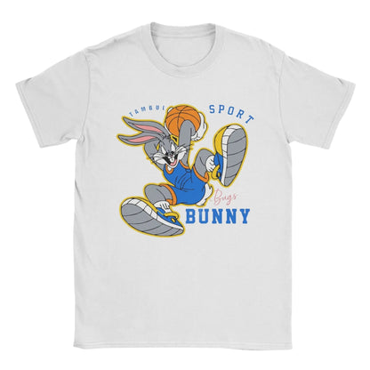 COMFORTHere white cotton t-shirt with Bugs Bunny playing basketball. Features blue and orange accents.