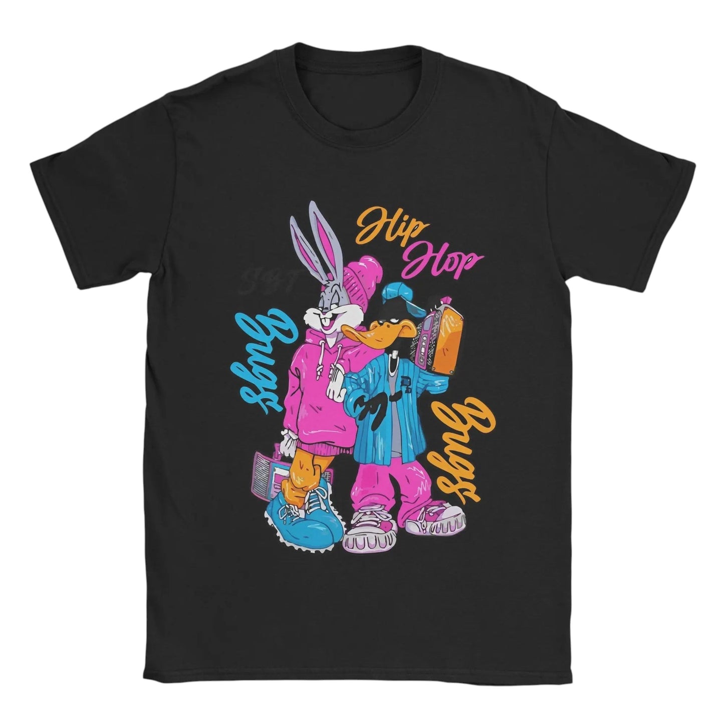 COMFORTHere black cotton t-shirt with Bugs Bunny and Daffy Duck in hip hop attire, holding boomboxes.