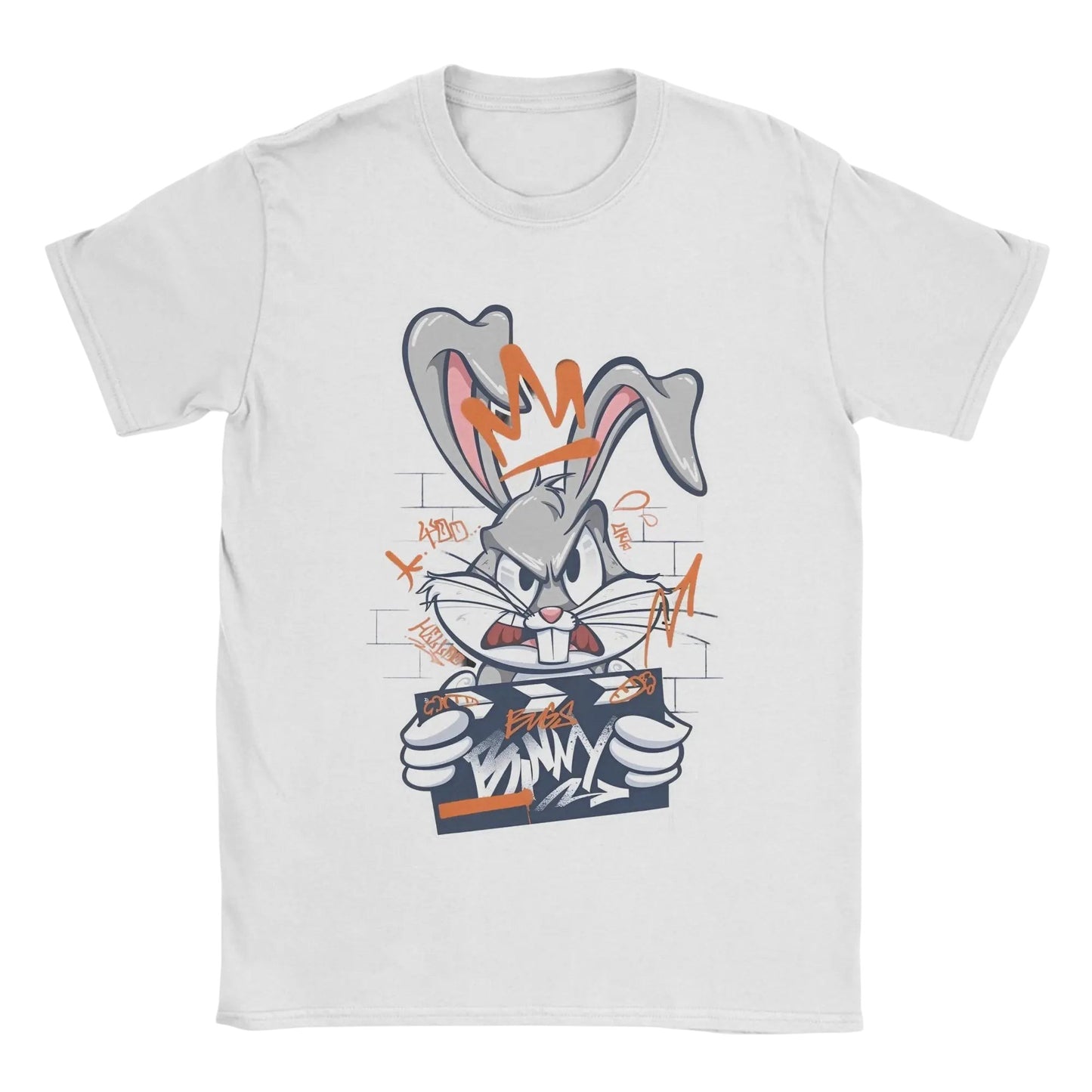 COMFORTHere Bugs Bunny t-shirt features the character with a crown and graffiti. White cotton tee.