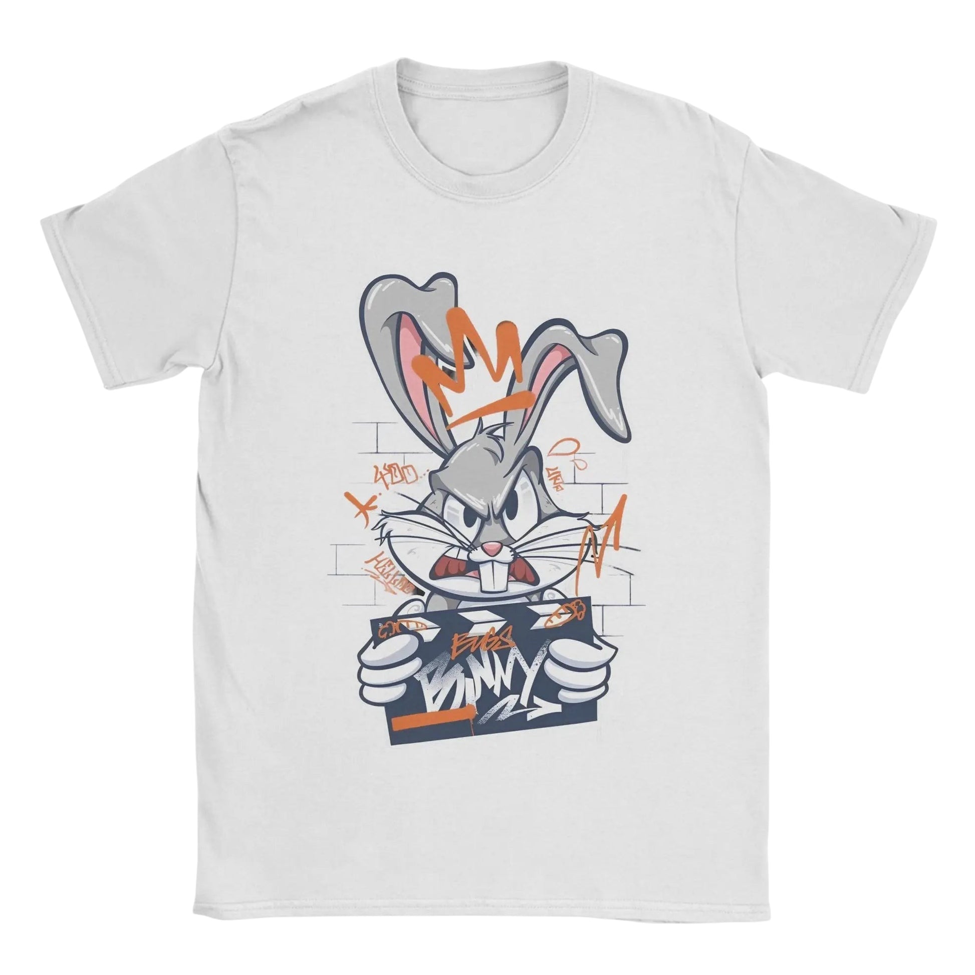 COMFORTHere Bugs Bunny t-shirt features the character with a crown and graffiti. White cotton tee.