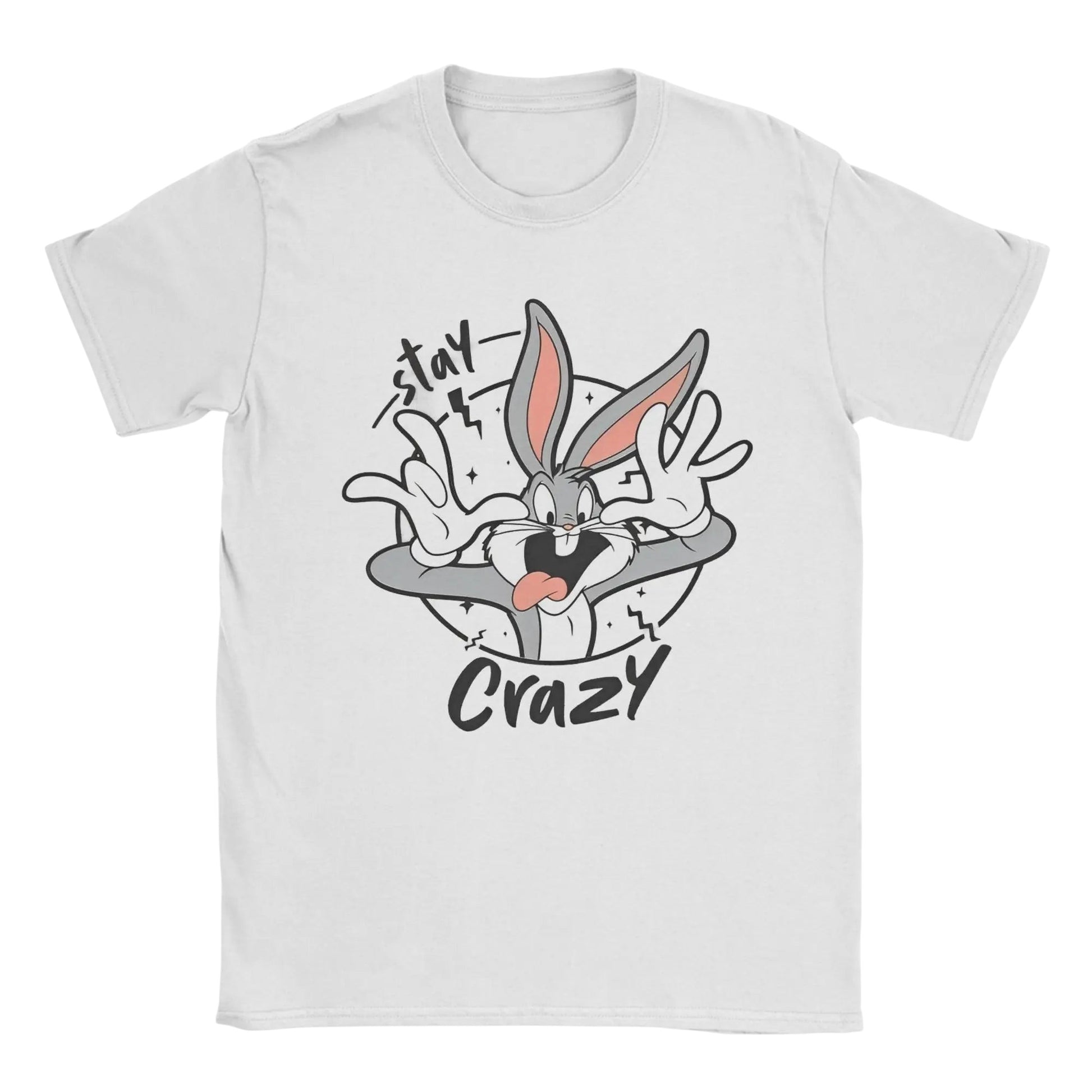 COMFORTHere white cotton t-shirt with Bugs Bunny graphic and "stay crazy" text. Relaxed fit, short sleeves.