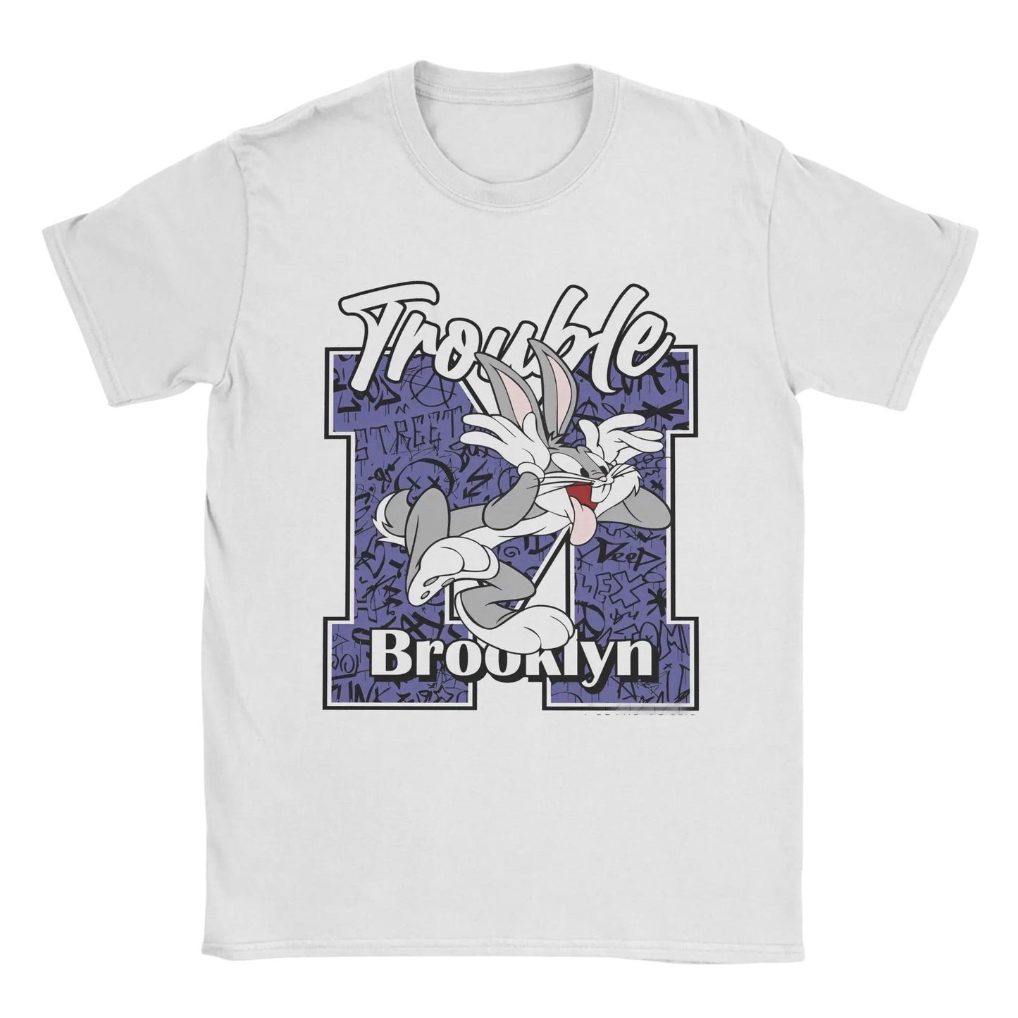 COMFORTHere white cotton t-shirt with Bugs Bunny graphic and "Trouble Brooklyn" text. Relaxed fit, short sleeves.