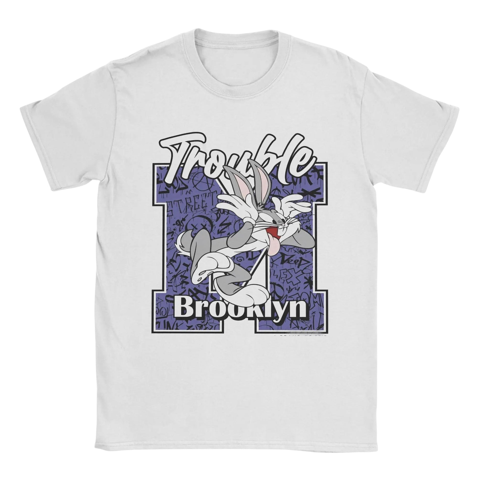 COMFORTHere white cotton t-shirt with Bugs Bunny graphic and "Trouble Brooklyn" text. Relaxed fit, short sleeves.