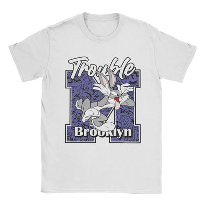 COMFORTHere white cotton t-shirt with Bugs Bunny graphic and "Trouble Brooklyn" text. Relaxed fit, short sleeves.