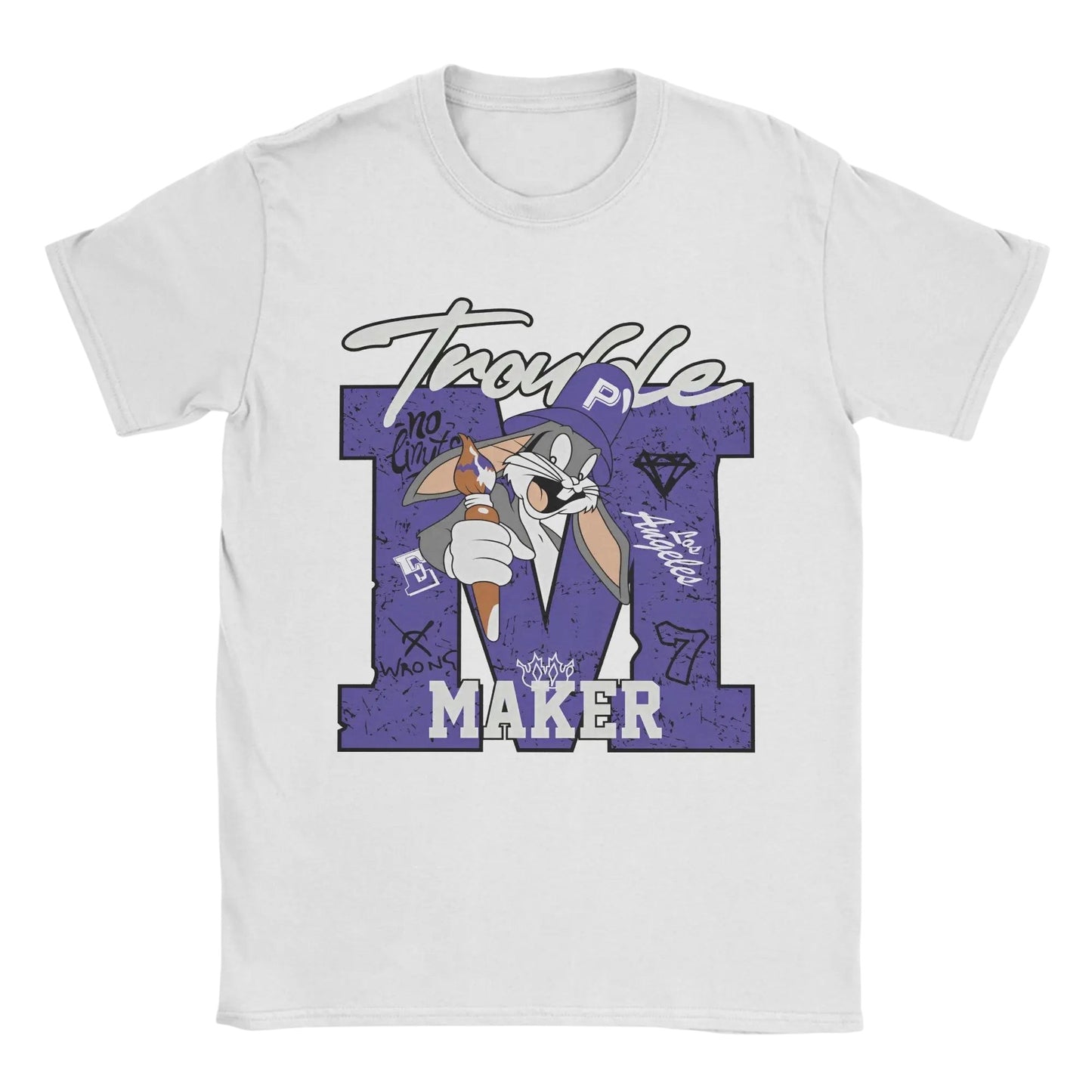 COMFORTHere Bugs Bunny t-shirt features a graphic of the character wearing a purple hat and holding a paint brush. The graphic has the words "Trouble Maker" and "Los Angeles" on it.