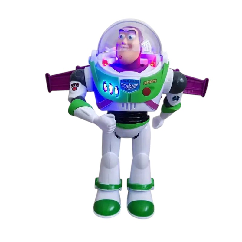 COMFORTHere Toy Story 4 Buzz Lightyear action figure with lights and sound effects. White, green, and purple plastic.