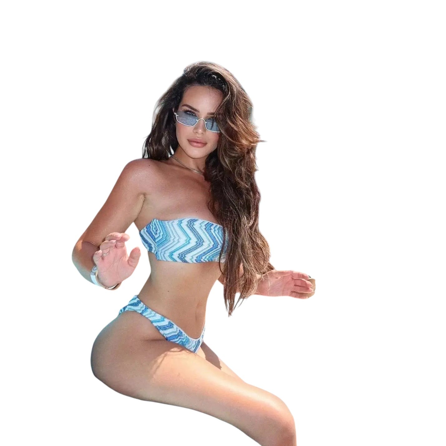 COMFORTHere blue and white chevron knit one-shoulder bikini set with matching bottoms. Model wears sunglasses.