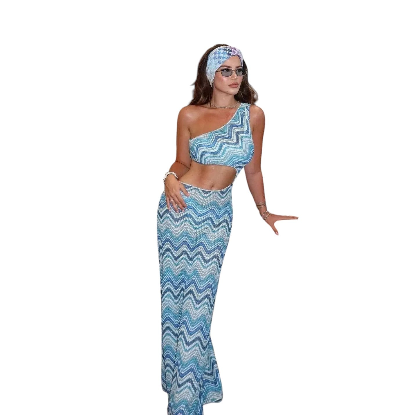 COMFORTHere blue and white chevron knit one-shoulder maxi dress set with cutout detail.