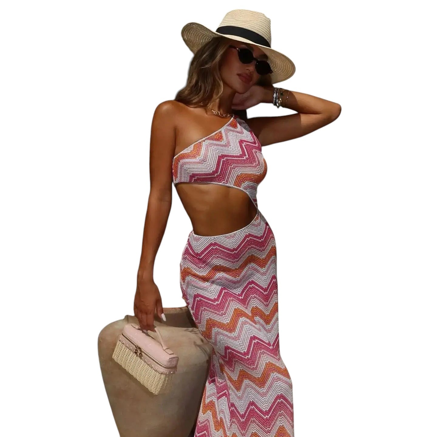 COMFORTHere Chevron knit one-shoulder maxi dress set with cutout, featuring pink, orange, and white chevron pattern. Model wears a straw hat and sunglasses.
