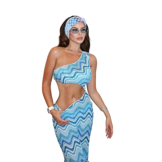 COMFORTHere blue and white chevron knit one-shoulder maxi dress set with cutout detail.