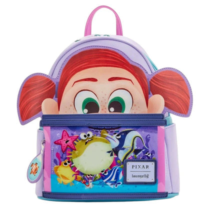 COMFORTHere Disney Pixar Mei mini backpack with purple and pink accents, featuring her peeking over the top and an underwater scene with fish.