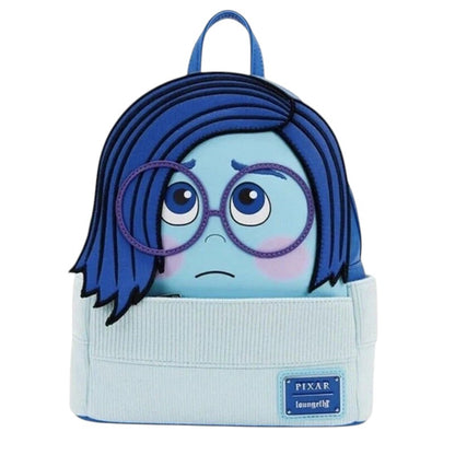 COMFORTHere Disney Pixar Sadness mini backpack with blue hair, purple glasses, and light blue corduroy body.