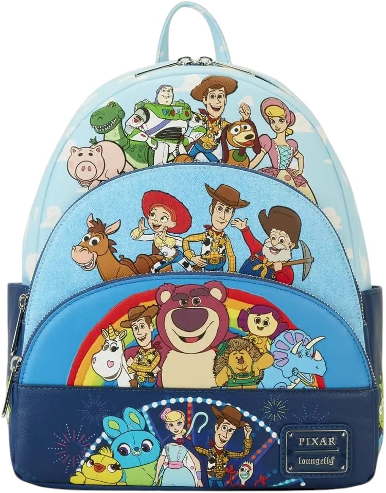 COMFORTHere Disney Pixar Toy Story characters mini backpack with Woody, Buzz, Bo Peep, Lotso, and more.