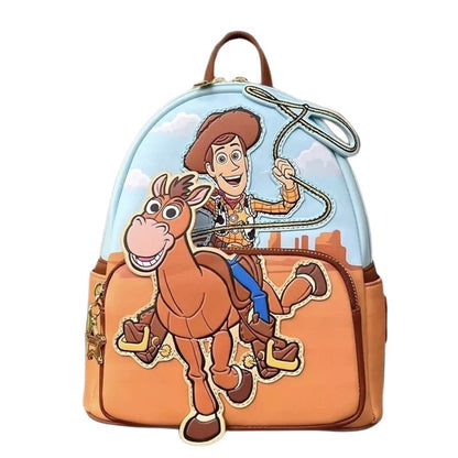 COMFORTHere Disney Pixar Toy Story Woody riding Bullseye mini backpack with desert landscape background.