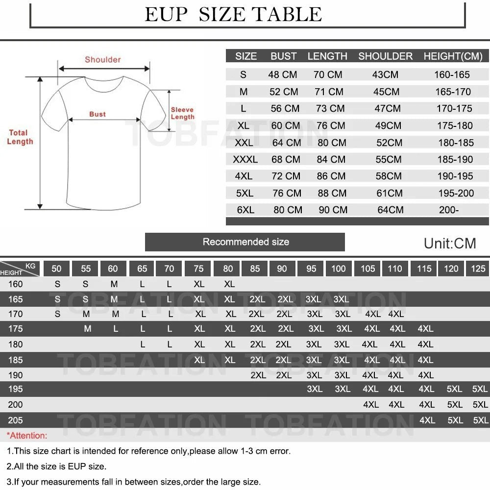 COMFORTHere EUP size chart for t-shirts, showing measurements for bust, length, shoulder, and height. Includes a recommended size chart based on KG and height.