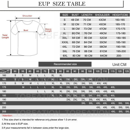 COMFORTHere EUP size chart for t-shirts, showing measurements for bust, length, shoulder, and height. Includes a recommended size chart based on KG and height.
