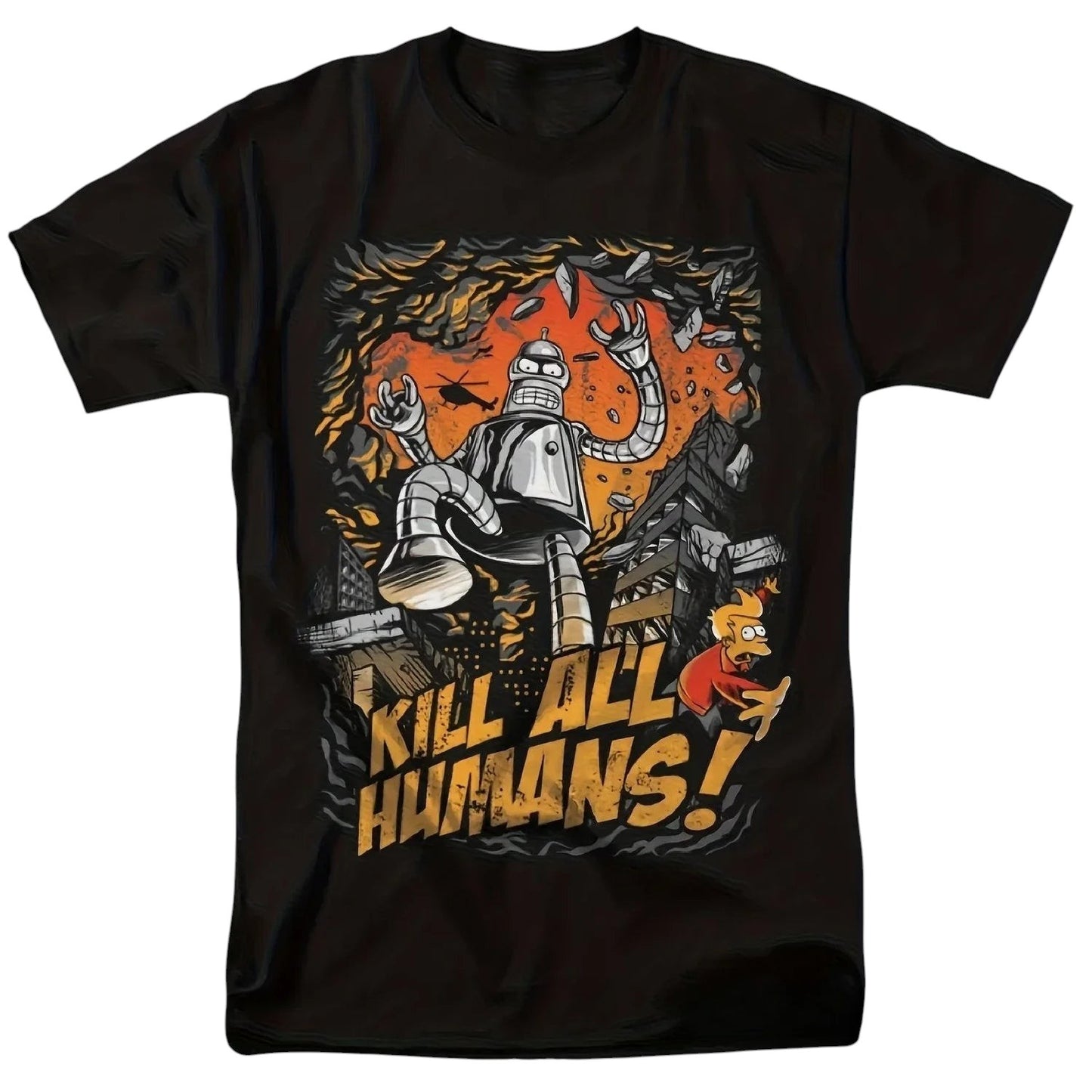 COMFORTHere black cotton t-shirt features a graphic of Bender from Futurama with the text "Kill All Humans!".