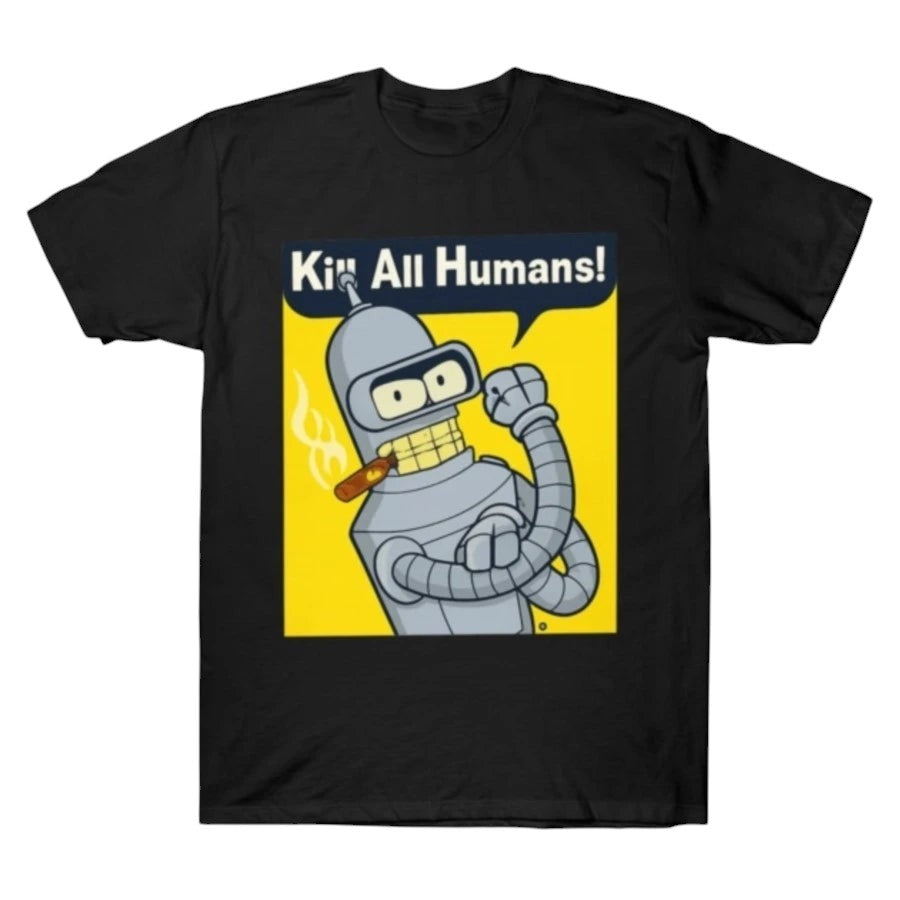 COMFORTHere black cotton t-shirt with a graphic of Bender from Futurama smoking a cigar and saying "Kill All Humans!"