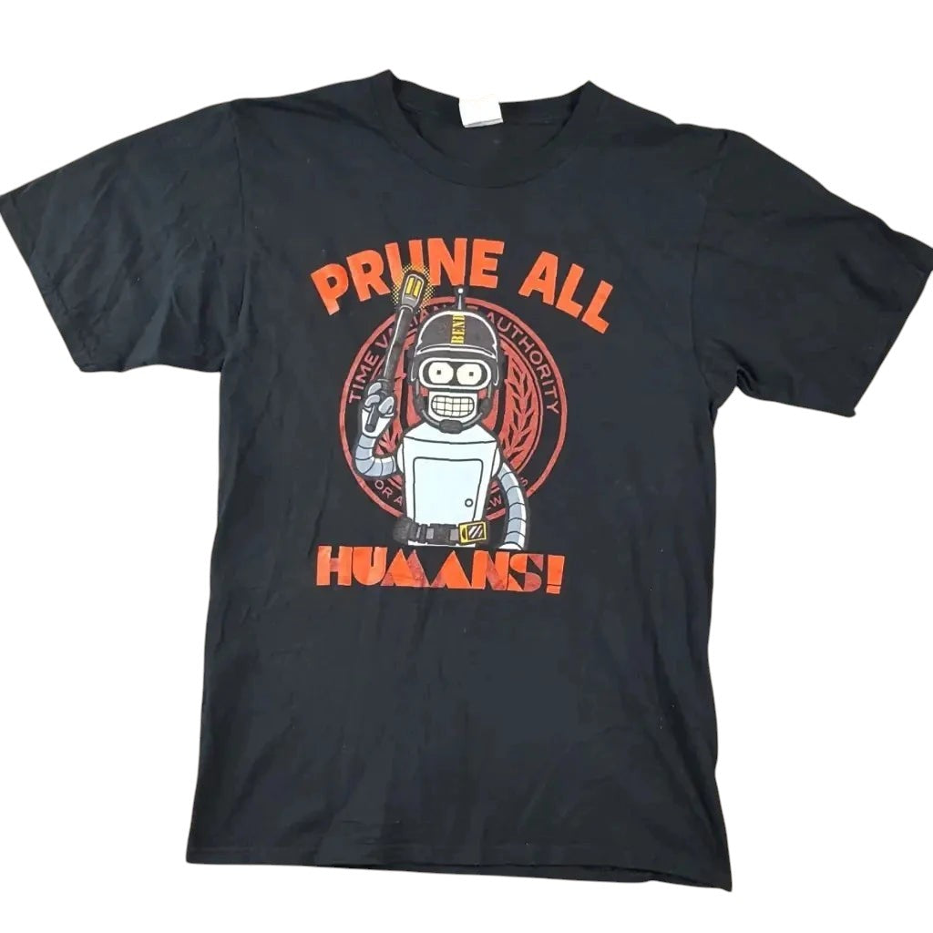 COMFORTHere black cotton t-shirt with a graphic of Bender from Futurama saying "Prune All Humans!"