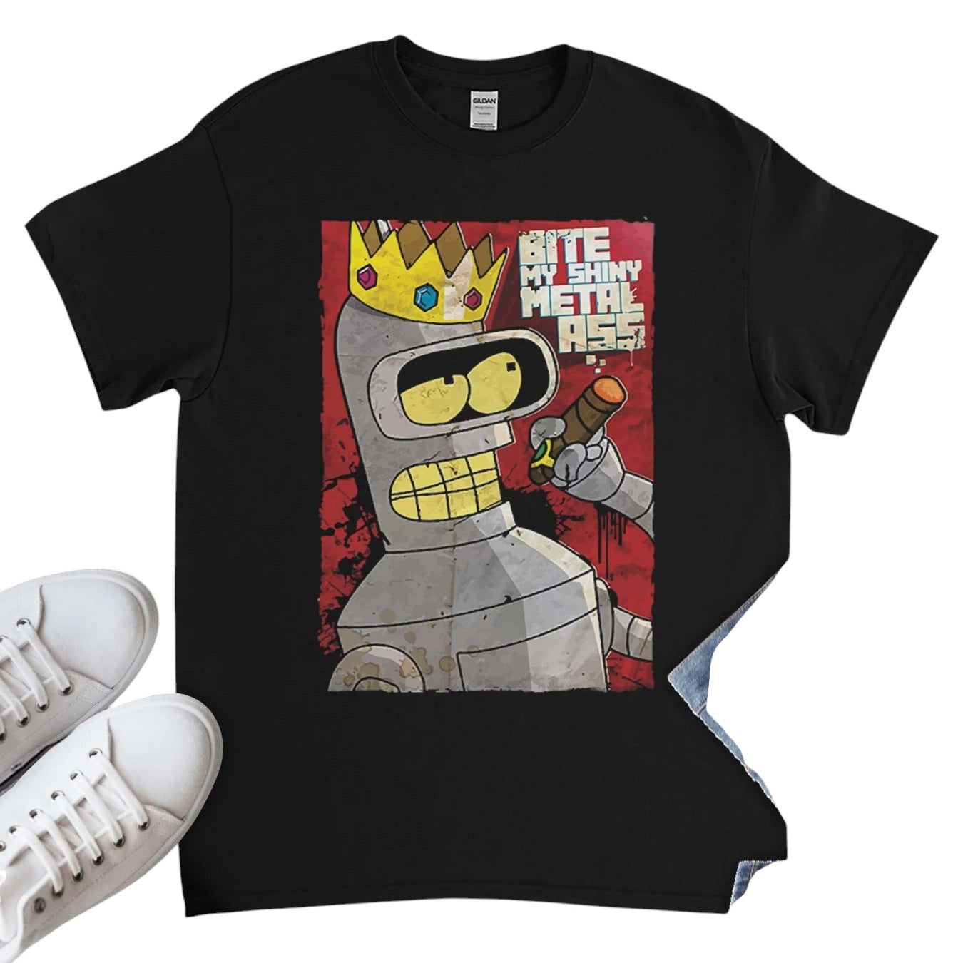 COMFORTHere black cotton t-shirt features a graphic of Bender from Futurama wearing a crown and smoking a cigar. The text "Bite My Shiny Metal Ass" is visible.