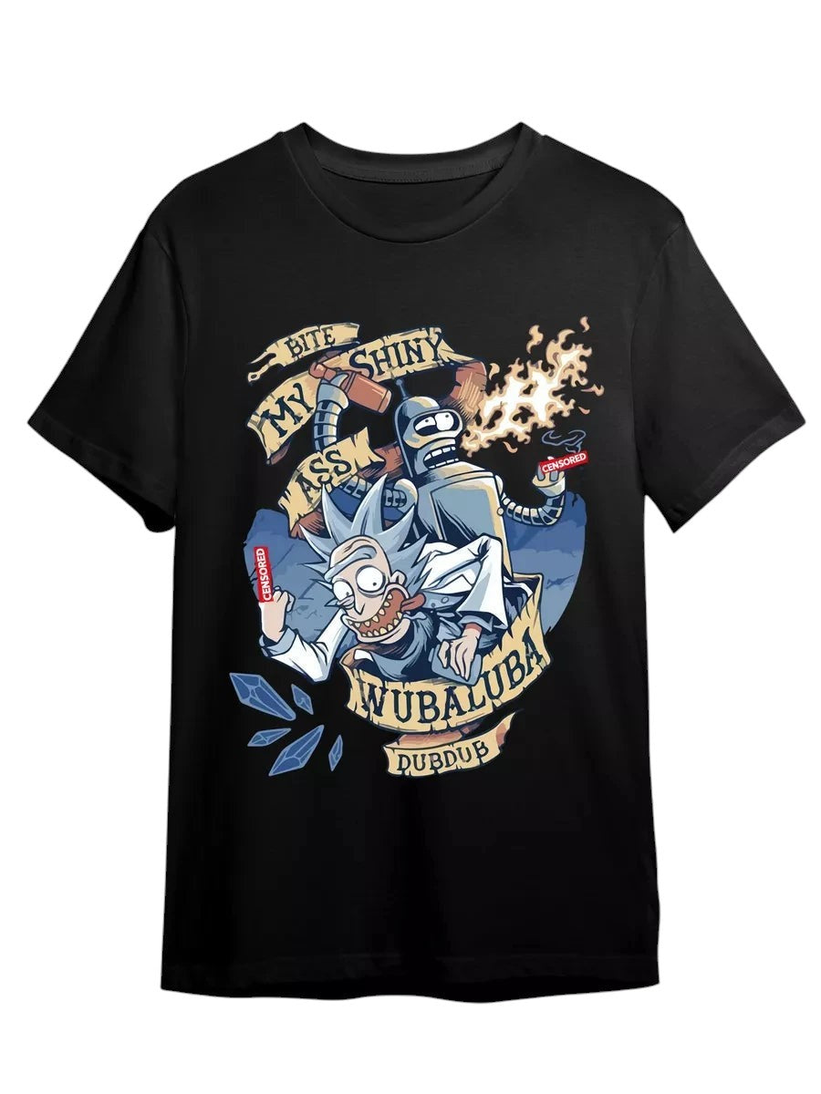 COMFORTHere black cotton t-shirt features a graphic of Bender and Rick from Futurama. The design includes flames and text.
