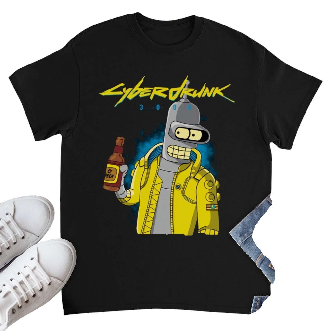COMFORTHere black cotton t-shirt features a graphic of Bender from Futurama in a yellow jacket holding a beer. Cyberpunk text above.