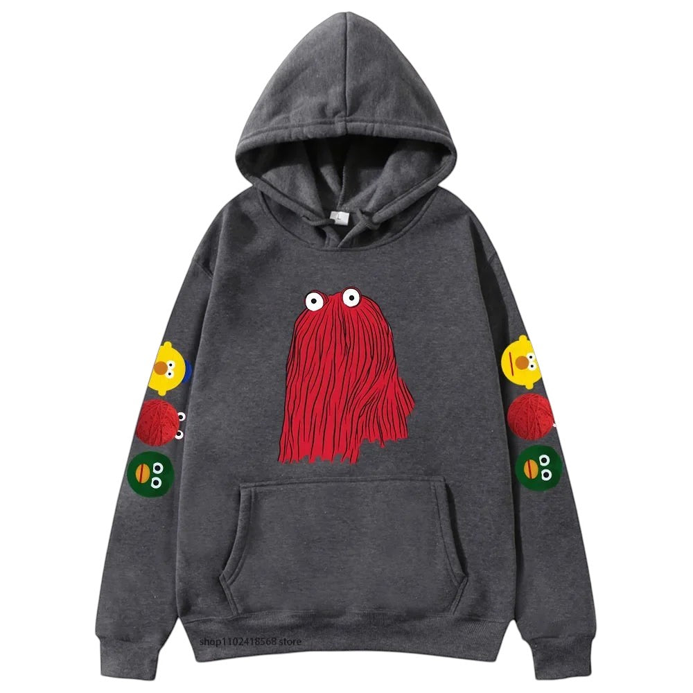 COMFORTHere dark grey graphic hoodie with a red character on the front and character icons on the sleeves.